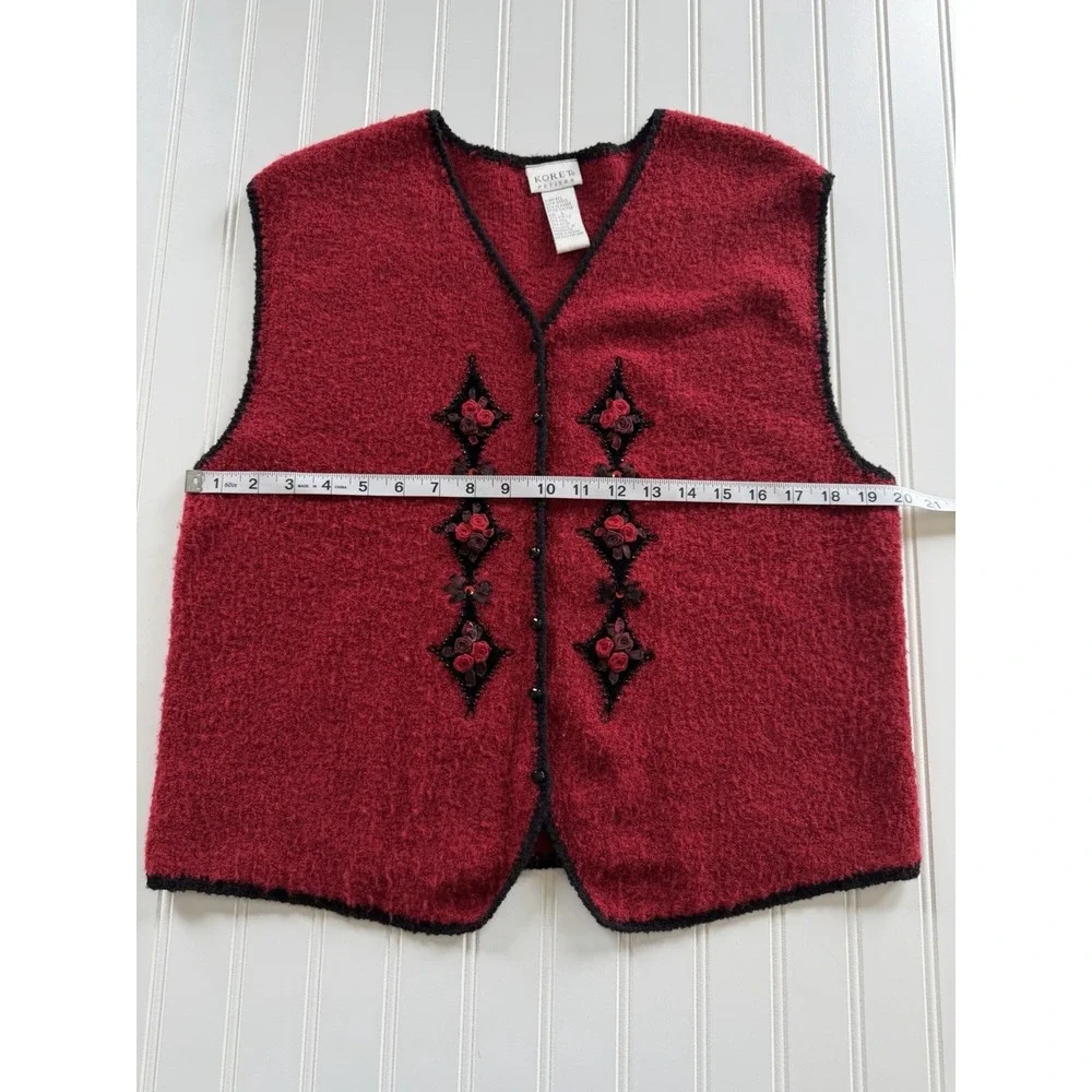 Vintage Koret Petites Sweater Vest L Red Floral Velvet Rose Cottagecore 90s